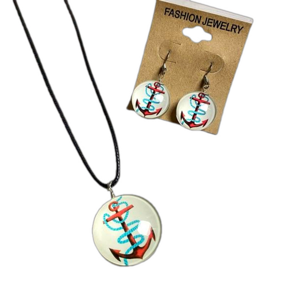 Anchor Nautical Beach Glass Dome Necklace & Earrings Set - Picture 1 of 6
